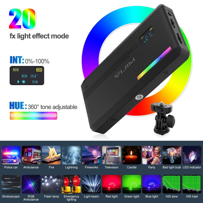 VIJIM VL196 RGB LED Video Light with Adjustable Stand,Dimmable 2500K-9000K Full Color 20 Lighting Effect Modes Camera LED Lights, Portable Photography Lighting with Softbox and Honeycomb Frame - Image 2